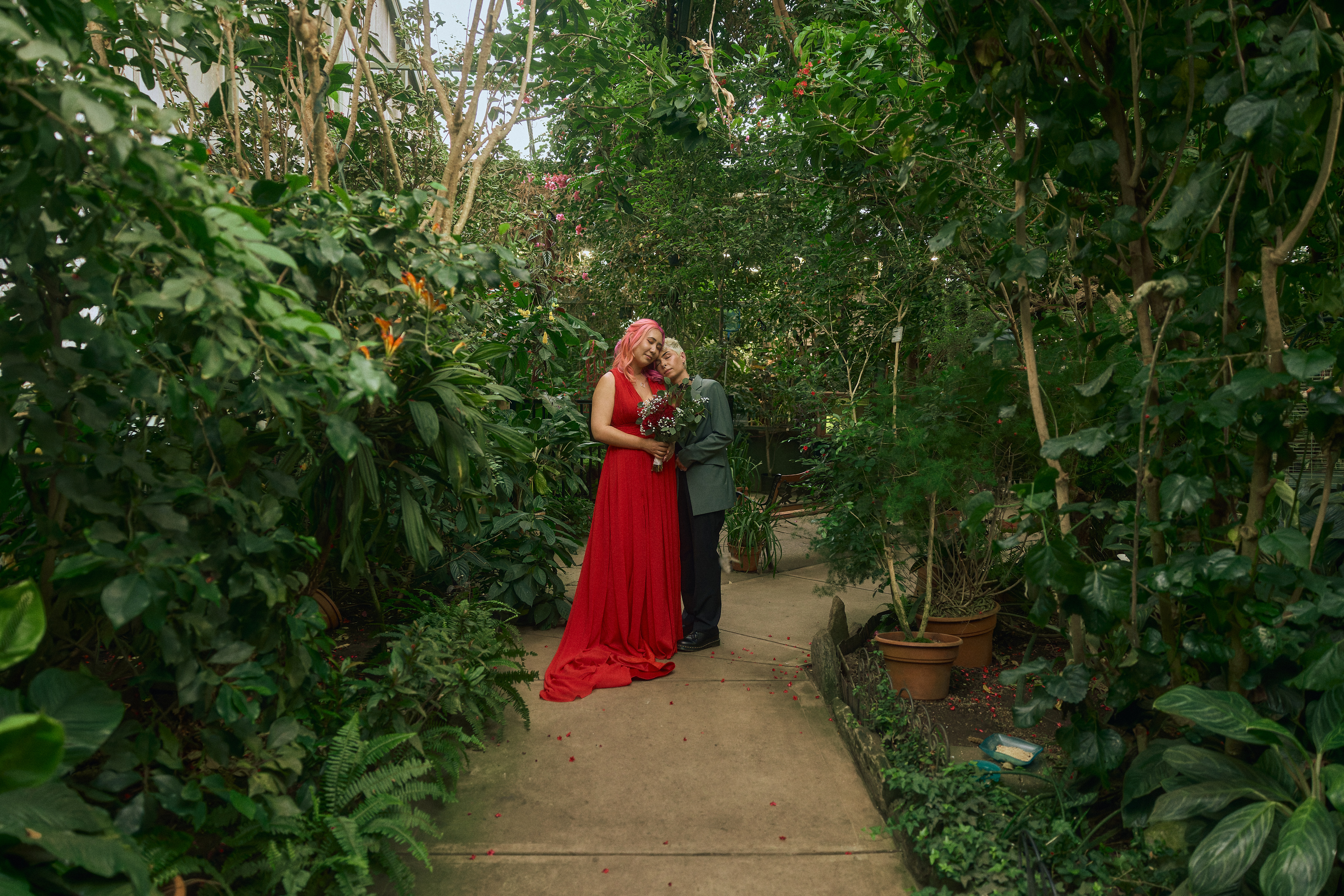 Cinematic portrait of a couple in red and green in a Boston greenhouse